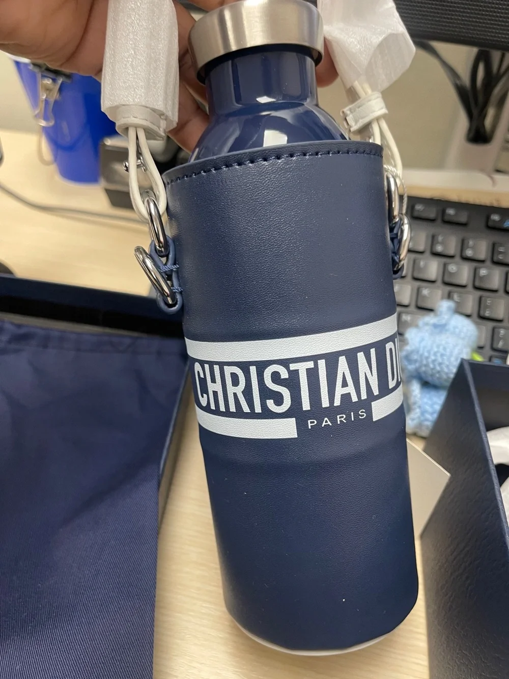 Dior Navy Water Bottle Tumbler Holder w/Strap Limited VIP Gift Novelty GWP NWT